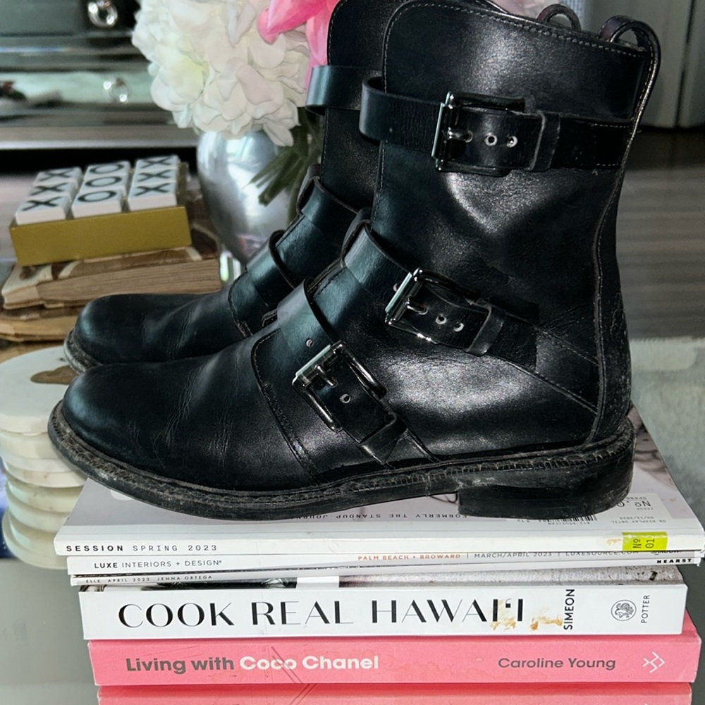 Rag & Bone Black Leather Moto Combat Punk Boots Silver Buckles 38.5 US 8 8.5